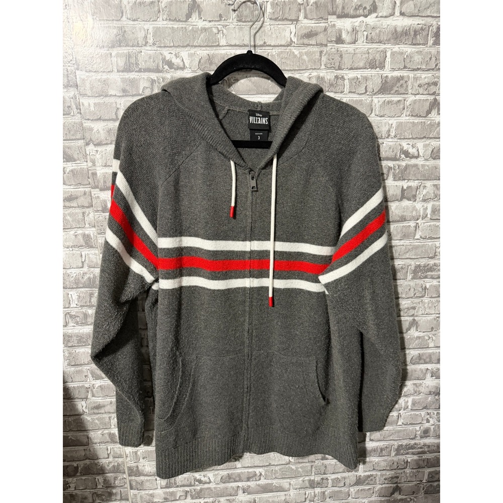 Disney Villains Poison Apple Knit Zip Up Hoodie Grey Red Stripes Size 3